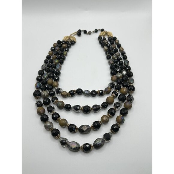 Stunning TRIFARI Black Iridescent Glass 4 Strand Beaded Necklace 15-17” - Picture 4 of 11